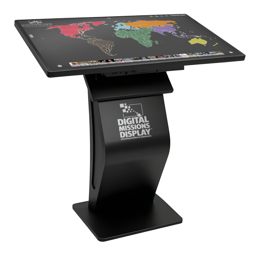 32-inch Digital Missions Display pedestal kiosk showing the MissionaryConnect Flat Map View of supported missionaries