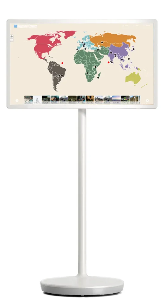 32-inch Digital Missions Display pedestal kiosk showing the MissionaryConnect Flat Map View of supported missionaries