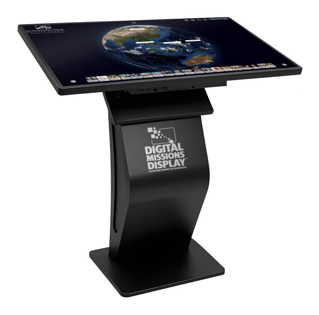 32-inch Digital Missions Display pedestal kiosk showing the MissionaryConnect 3D spinning globe of missionaries