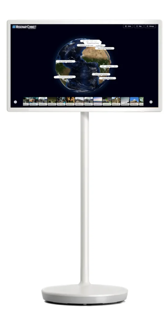 32-inch Digital Missions Display pedestal kiosk showing the MissionaryConnect 3D spinning globe of missionaries around the world