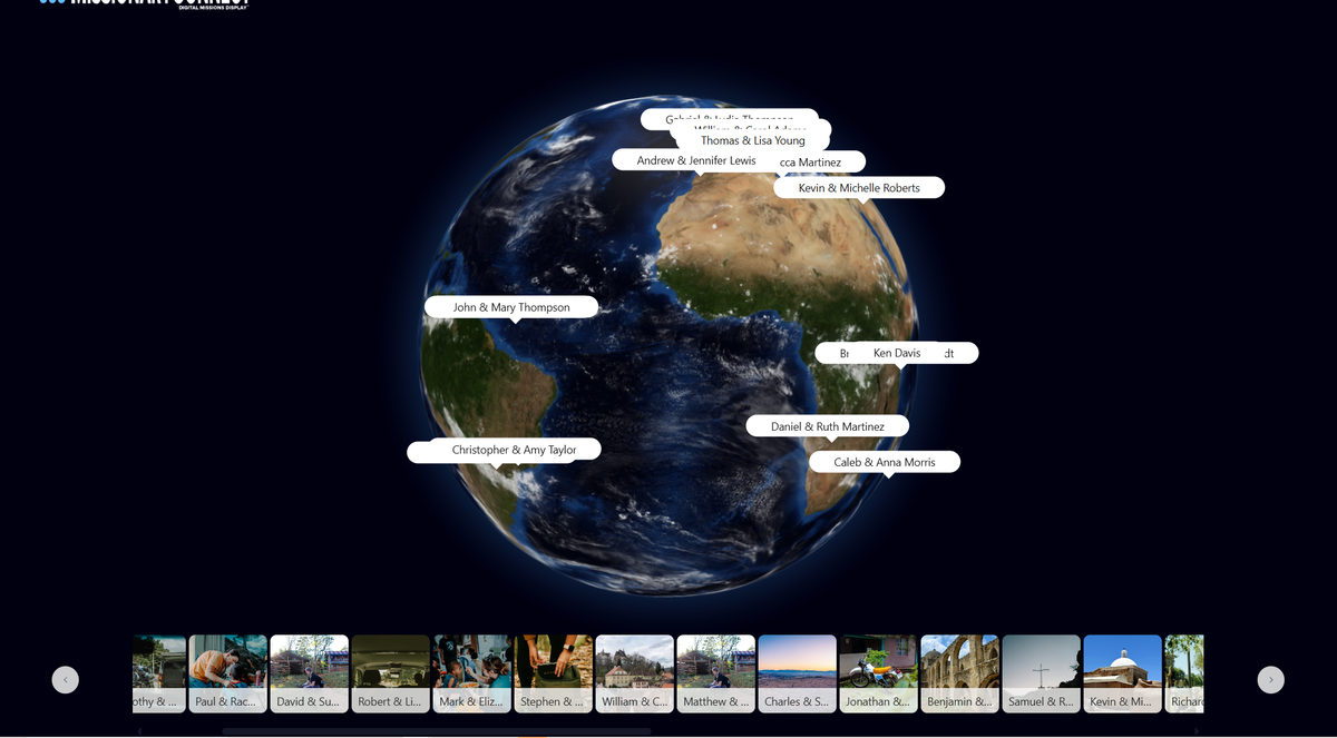 MissionaryConnect globe view showing missionaries around the world